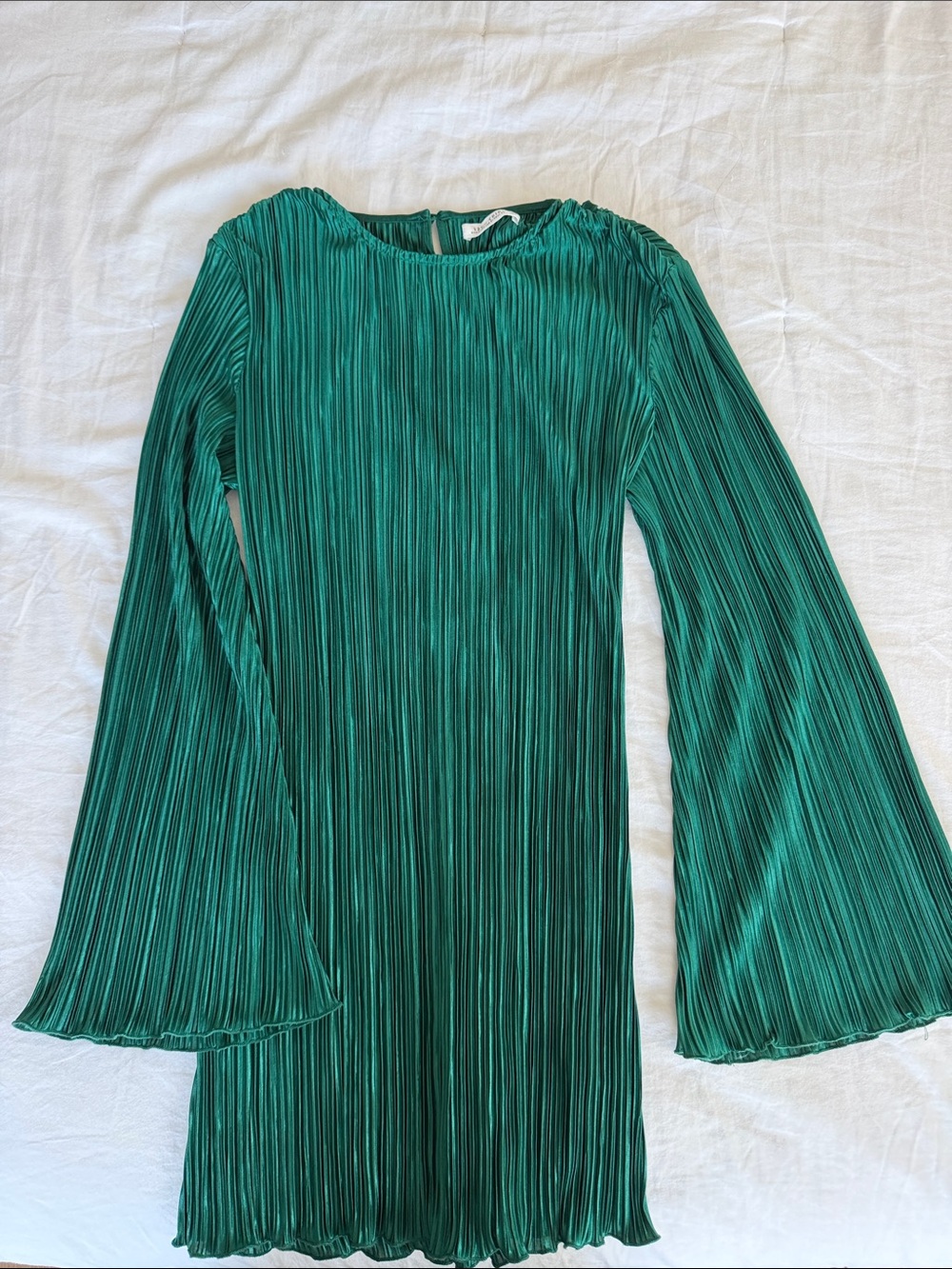 12th Tribe Emerald Green Pleated Bell-Sleeve Dress